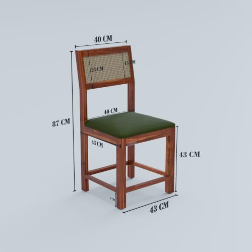 Image of DRIFTINGWOOD Amber Solid Sheesham Wood 4 Seater Dining Table Set with Rattan Back Chairs | Green Velvet Cushioned Seating for Home & Dining Room (Honey Finish, DIY)