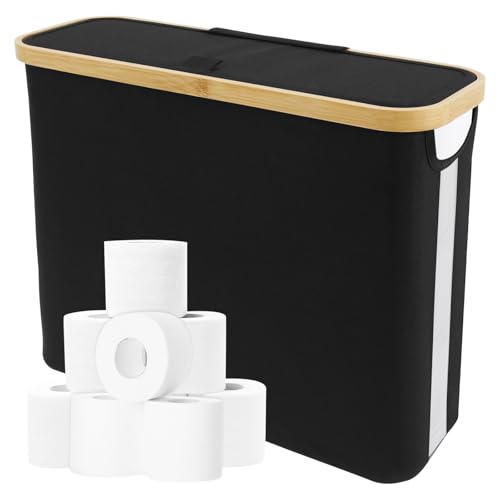 Toilet Roll Storage,Toilet Paper Basket,Bathroom Storage Box Holder Stand with Lid,Toilet Paper Storage with Side Window,Toilet Paper Basket Cabinet,Foldable Toilet Paper Bin for Home (Black)