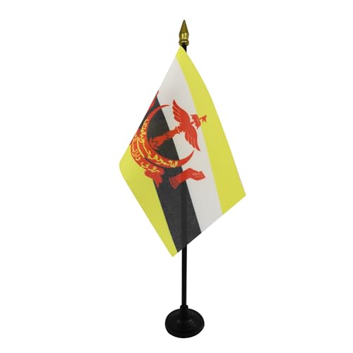 AZ FLAG - Mini Drapeau Brunei De Table - 15x10 cm - Drapeau Brunéien De Bureau 100% Polyester Avec Hampe Pointe Dorée 25cm
