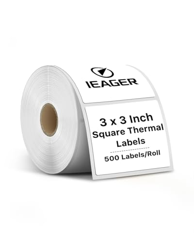 iEager White Square Thermal Label Stickers, 3" x 3" Self-Adhesive Square Direct Thermal Labels with Perforation Line, 500 Sheets/Roll