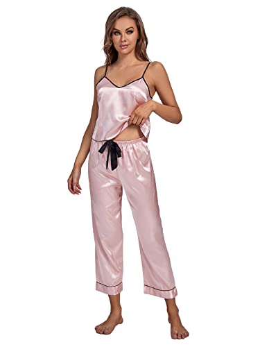 Umenlele Women's Satin Silky V Neck Sleeveless Cami Top With Elastic Long Pants Pajamas Pj Set Light Pink Small #TOP5