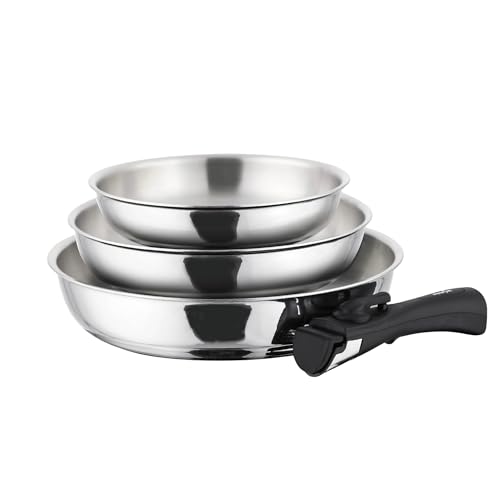 TeCuisine – Lot Coffret de 3 Poêles Inox 18/10 Triply – 20/24/28 cm – Avec Manche Amovible – Sans Revêtement – Sans PFAS, PFOA, PTFE – Compatible Tous Feux...