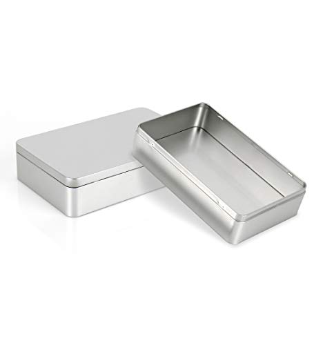 Large Metal Tin Box with Lid - 2 Pcs Portable Storage Rectangular Container - Organizer Silver Empty Case for Keeping Car Keys, Mint, Cookies, Crafts, Pencil 8.5 x 5.3 x 1.9 Inch