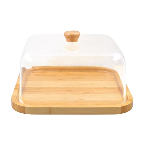 ASIAD Square Cake Plate with Lid, 30x30x16cm Shatterproof Cake Stand Cake Plate with Acrylic Hood Wooden Handle, Multifunctional Cake Bell Cake Stand,Clear