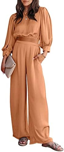 PRETTYGARDEN Women's 2 Piece Satin Outfits 2023 Spring Casual Puff Sleeve Crop Tops Blouse and Long Palazzo Pants Set (Orange,Large)