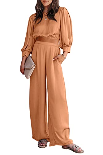 Prettygarden Women's 2 Piece Satin Outfits 2023 Spring Casual Puff Sleeve Crop Tops Blouse And Long Palazzo Pants Set (Orange,Large) #TOP1