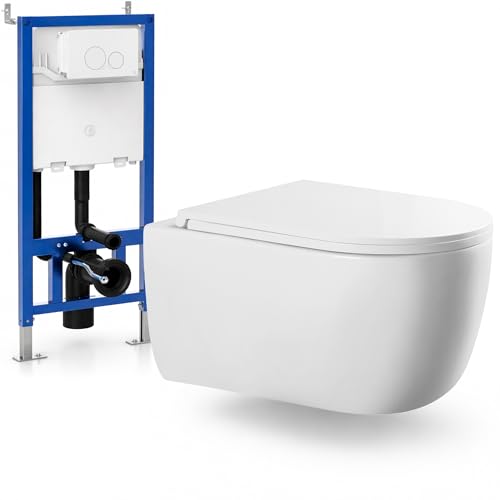 LARDECOR - WC Inodoro de Cerámica Suspendido + Cisterna | 530x365x365 mm | Váter con Sistema Rimless Antibacterias, Tapa Dura Extrafina UF Amortiguada y Ahorro de Agua (Blanco)