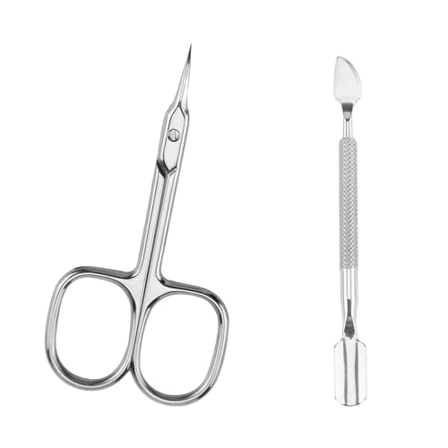 Coupe Cuticule Ongle, Ensemble de Ciseaux à Cuticules de Précision et Repousse Cuticules en Acier Inoxydable avec Pointes Courbées et Ultra-Pointues, Manucure, Sourcils, Outils de Soins de Qualité