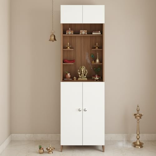 Image of FURNEASER Shivika Engineered Wood Pooja Mandir for Home | Modern Design Temple for Home & Office | Puja Stand Shelf | Prayer Cabinet Shelf (Exotic Teak & White)