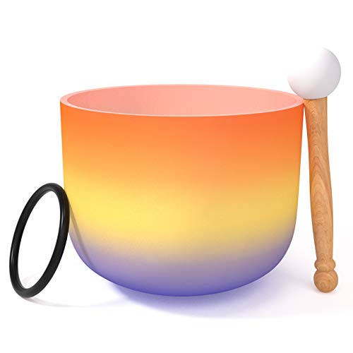 20 cm C Bianco Satinato Cristallo di Quarzo Campana Rice Chakra Singing Bowl Set O-Ring e Mallet Incluso Rilassamento Meditazione (20CM, Arancione Arcobaleno)