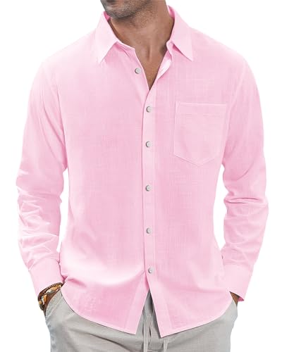 J.VER Men's Linen Cotton Button Down Shirts Lightweight Casual Wedding Long Sleeve Shirt Summer Beach Top with Pocket Light Pink Large