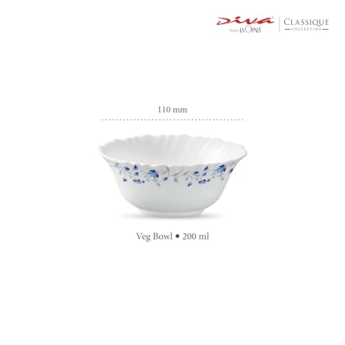 Image of La Opala Diva Classique Collection Opal Glass Crockery | Vegetable Bowl Set of 6 | Blue Mystique Design | for dal & Condiments | Microwave Safe | 100% Vegetarian | Extra Strong | Light & White