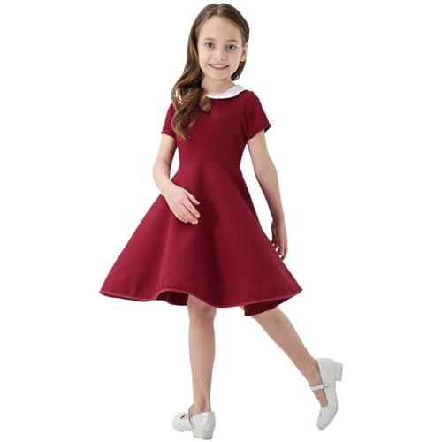 KISBINI Girls Short Sleeve Peter Pan Collar Dress Casual Vintage Flare Skater Dresses for Girls 2-12 Years3