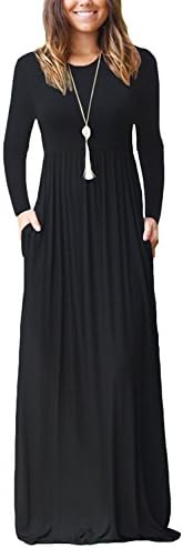 GRECERELLE Women's Round Neck Long Sleeves A-line Casual Maxi Dresses with Pockets Black-Small