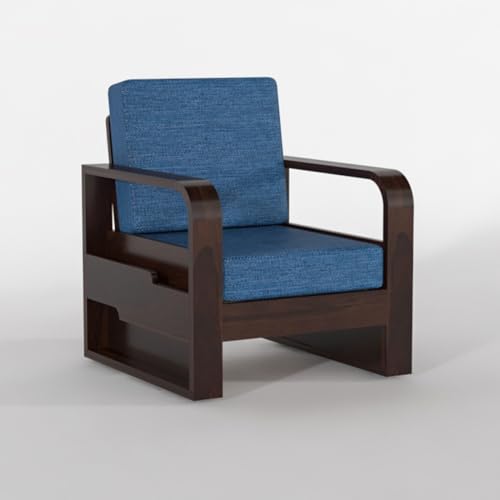 Image of Sheesham Wooden 1 Seater Sofa for Living Room | Solid Wood Sofa with Side Pocket Storage & Cushion | Rosewood Sofa Set for Home & Office | Lounge (Walnut with Blue Cushion, 1 Seater)
