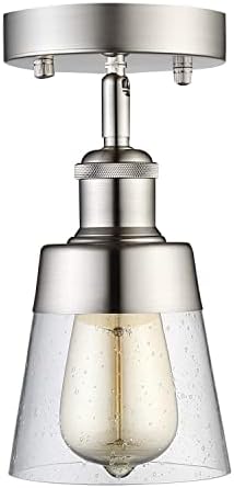Modern Glass Flush Mount Light Fixture Mini Clear Seeded Glass Shade Semi Flush Mount Ceiling Light for Hallway Living Room Bedroom Kitchen Entryway, Brushed Nickel