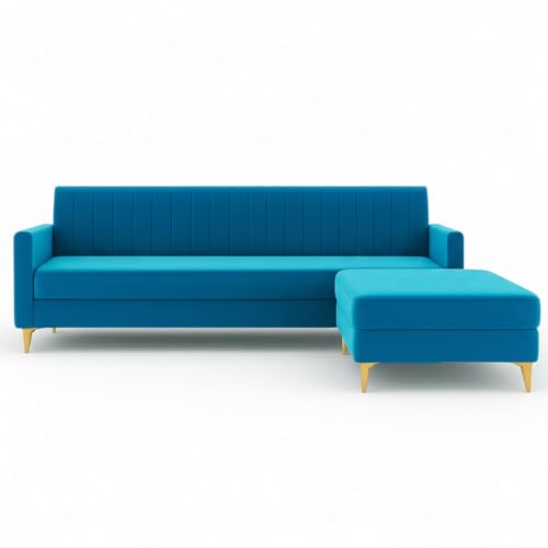 Image of SOCOZI Morello 4 Seater L Shape Sofa Set with Movable Ottoman | Flexible Left or Right Layout | Soft Velvet Suede Fabric | Modern Design | Plush Comfort Cushions for Living Room (Aqua Blue)