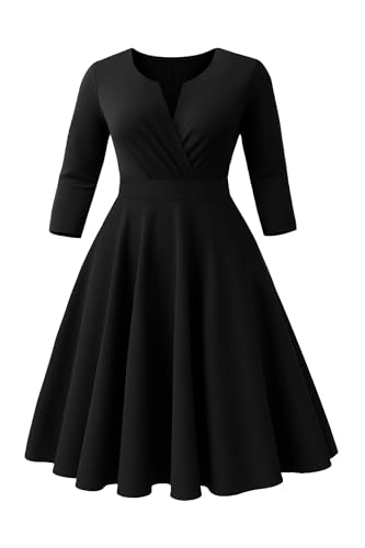 Runwind Women’s Plus Size Midi Dress 3/4 Sleeve Fit and Flare Cocktail Dresses Casusl V-Neck Dress with Pockets