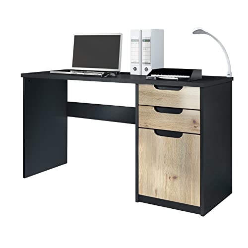 Vladon Bureau Logan, Petit Bureau avec 2 tiroirs et d’Une Porte, Noir Mat/Chêne Nordique (129 x 76 x 60 cm)