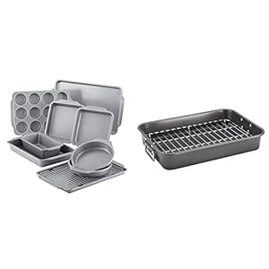 Farberware Nonstick Steel Bakeware Set, 10-Piece Set, Gray & Bakeware Nonstick Steel Roaster with Flat Rack, 11-Inch x 15-Inch, Gray