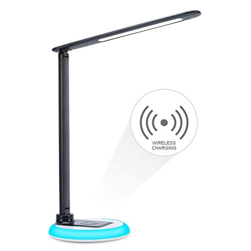 Preisvergleich Produktbild QKa LED-Schreibtischlampe mit kabellosem Ladegerät, 3 dimmbare Schlafzimmer-Nachttischlampen zum Studieren, bunt wechselndes Nachtlicht, verstellbare Schreibtischlampe mit USB-Ladeanschluss