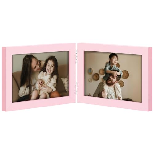 decorUhome Double 6x4 Picture Frame Horizontal, Engineered Wood Bifold Photo Frame with Plexiglass for Tabletop Display, 6x4, Pink