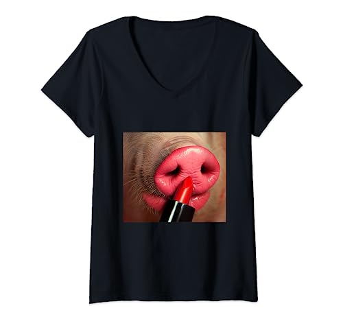 Lápiz labial en un cerdo Camiseta Cuello V