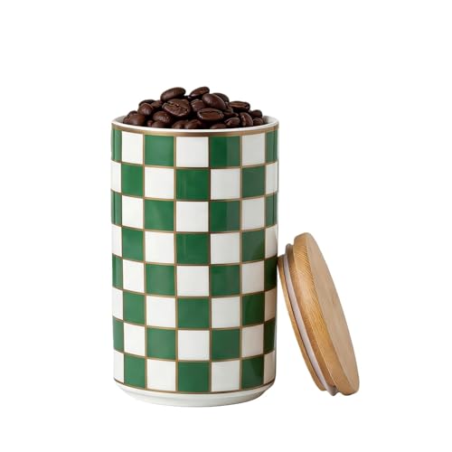 OHiZVZV 1 Piece Ceramic Coffee Canister, Airtight Coffee Container with Lid for Kitchen Storage (15.8x9cm, Green Checkered)