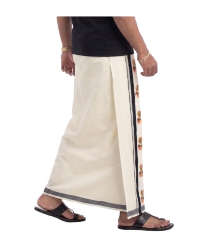 Image of Mens Print along with Border 100% Cotton Cream Dhoti 4.00 Meters Double Mundu /Vesti