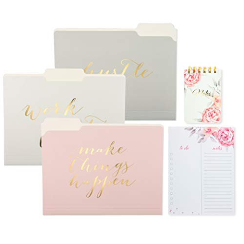 Graphique Hustle Pink and Grey Stationery Set  Set Includes 9-Pack Cute File Folders w/Hardcover Spiral Notebook & To Do List Notepad  Unique Go-Getter Designs with Gold Foil