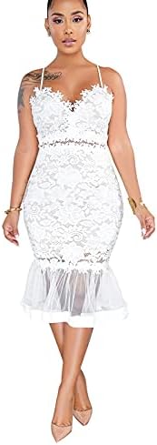 Women's Casual Summer Sleeveless Ruffle Mermaid Bodycon Midi Dress White… X-Large