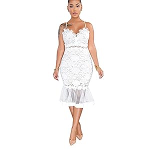 Salimdy-Women-Sexy-Floral-Lace-Mesh-Sheer-Hollow-Out-Deep-V-Neck-Spaghetti-Strap-Bodycon-Pencil-Mermaid-Midi-Dress Women's Casual Summer Sleeveless Ruffle Mermaid Bodycon Midi Dress White… X-Large