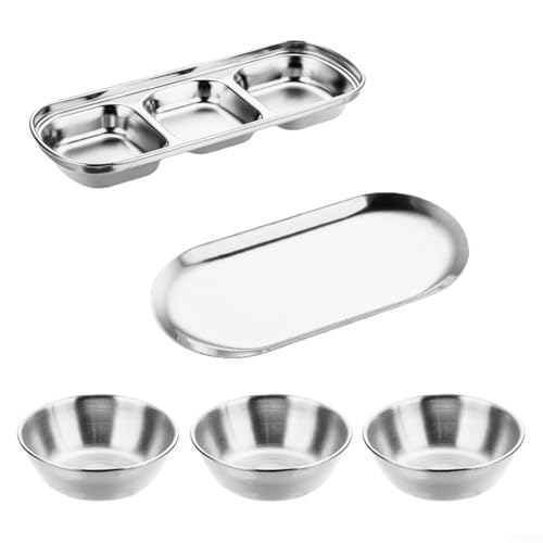Pumixiy Juego de 5 platos de acero inoxidable con bandeja de almacenamiento y cuencos de inmersión para cocina, comedor, fiestas, barbacoas y organización de condimentos (plateado)