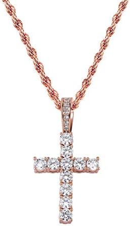 TOPGRILLZ 14K Gold&Silver Plated Solid Iced out CZ Lab Cubic Zirconia Cross Pendant Neckace for Men Women Stainless Chain (Rose Gold 24" Rope Chain)