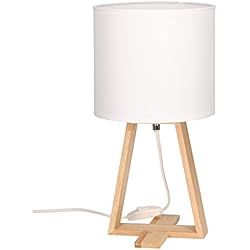 Lamparas Mesita De Noche Hiperdeluz FORLIGHT Nuts - Lámpara de Mesa de Estilo Nórdico. Lámpara para Mesita de Noche de Madera Natural y Textil de Color Blanco para Dormitorio y Salón. E27
