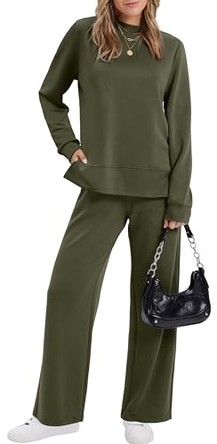 XIEERDUO Women's Side Slit Lounge Sets 2 Piece Outfits Mock Neck Tracksuit Fashion Sweatsuit Wide Leg Loungewear S-3XL