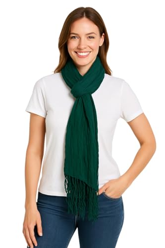 Lightweight Crinkled Viscose Scarf for Women – Soft Spring Wrap with Fringe Tassels, Breathable Fashion Accessory, 100x180cm – Teal Green