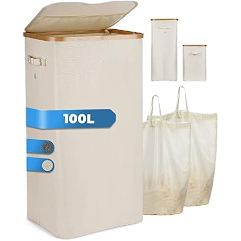 Upgrade Laundry Basket with Lid, 100 L, Large Laundry Hamper Storage Basket with 2 Removable Laundry Bags and Upgrade Lid Design, Foldable Laundry Sorter Made of Bamboo and Waterproof Oxford Fabric Cover