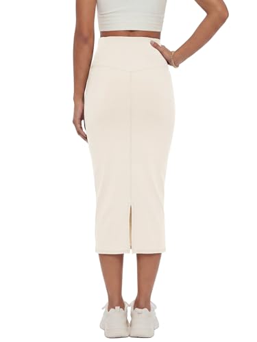 Image of Rooscier Women's High Waisted Pencil Midi Skirt | Stretchy Bodycon Knee Length Skirts with Back Slit
