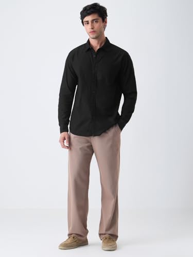 The Souled Store Men's Black Cotton Linen Shirt Soft Black - Image 4