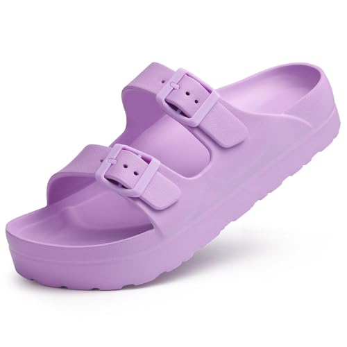 Goosecret Women's Platform Sandals with Arch Support Chunky Lightweight Foam Slip on Slides Comfortable Summer Beach Sandals with Adjustable Buckle Purple, 39(size 8-8.5)