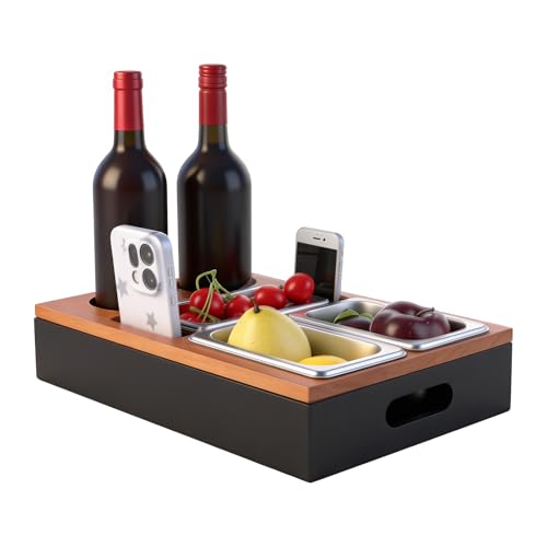 YOUNTHYE Couch Bar Snack Box Wooden Sofa Tray with 3 x Removable Snack Bowl and Multiple Storage Spaces Sofa Organiser for Snacks Drinks Wine Glasses