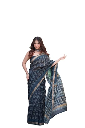 THE RAKSHA STORE Iravati Blue Maheshwari Silk Saree for Women – Handcrafted Ajrakh Print Traditional Indian Et
