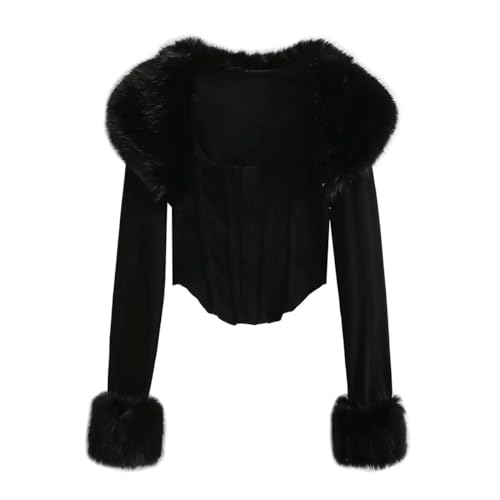 oytto Y2k Warm Cardigan Women Knitted Sweater with Fur Single-Breasted Fur Collar Fluffy Fur Coat Knit Sweater Slim Blouse Streetwear (Black,S,S)