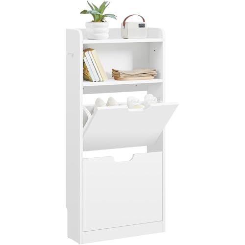 Yaheetech Schuhschrank 2 Klappen, Schuhkipper Schuhregal mit Offenem Fach, Schuhablage Schmal für Eingang, Flur, Wohnzimmer, 50 × 17 × 108,5 cm, Weiß