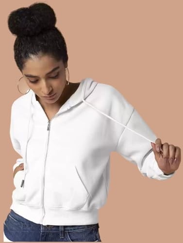 Image of Rabboni Women's Crop Fleece Hoodie Jacket | Full Sleeve Zip-Up Hooded Sweatshirt for Women & Girls | Soft Warm Casual Winter Wear Crop Hoodie