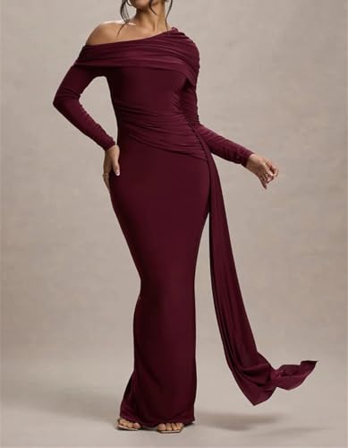 Niiyyjj Women Skew Collar Long Sleeve Sexy Maxi Dress Backless Draped Ruched Bodycon Club Long Dresses3