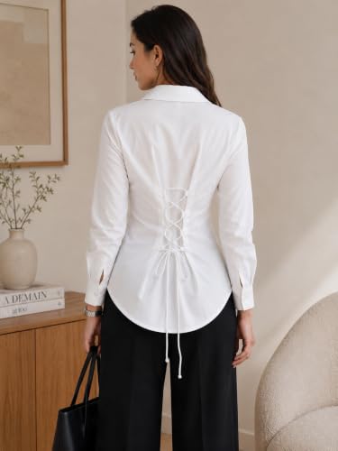 Image of OOMPH! Women's Cotton Solid Corset Style Shirt | Back Lace-Up Tie-Up Cinched Waist | Full Sleeve Button-Down Formal Office & Smart Casual Shirt