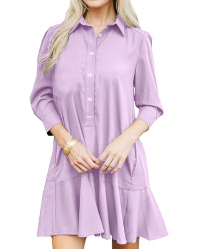 Image of YEXPINE Women's Tunic Mini Shirt Dress Cotton Linen Long Sleeve Button Up Ruffle Hem Loose Casual Summer Pockets Shift Dress