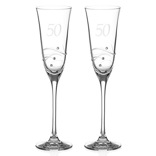 DIAMANTE Vasos de champán de Swarovski para 50 cumpleaños o aniversario, par de copas de champán...